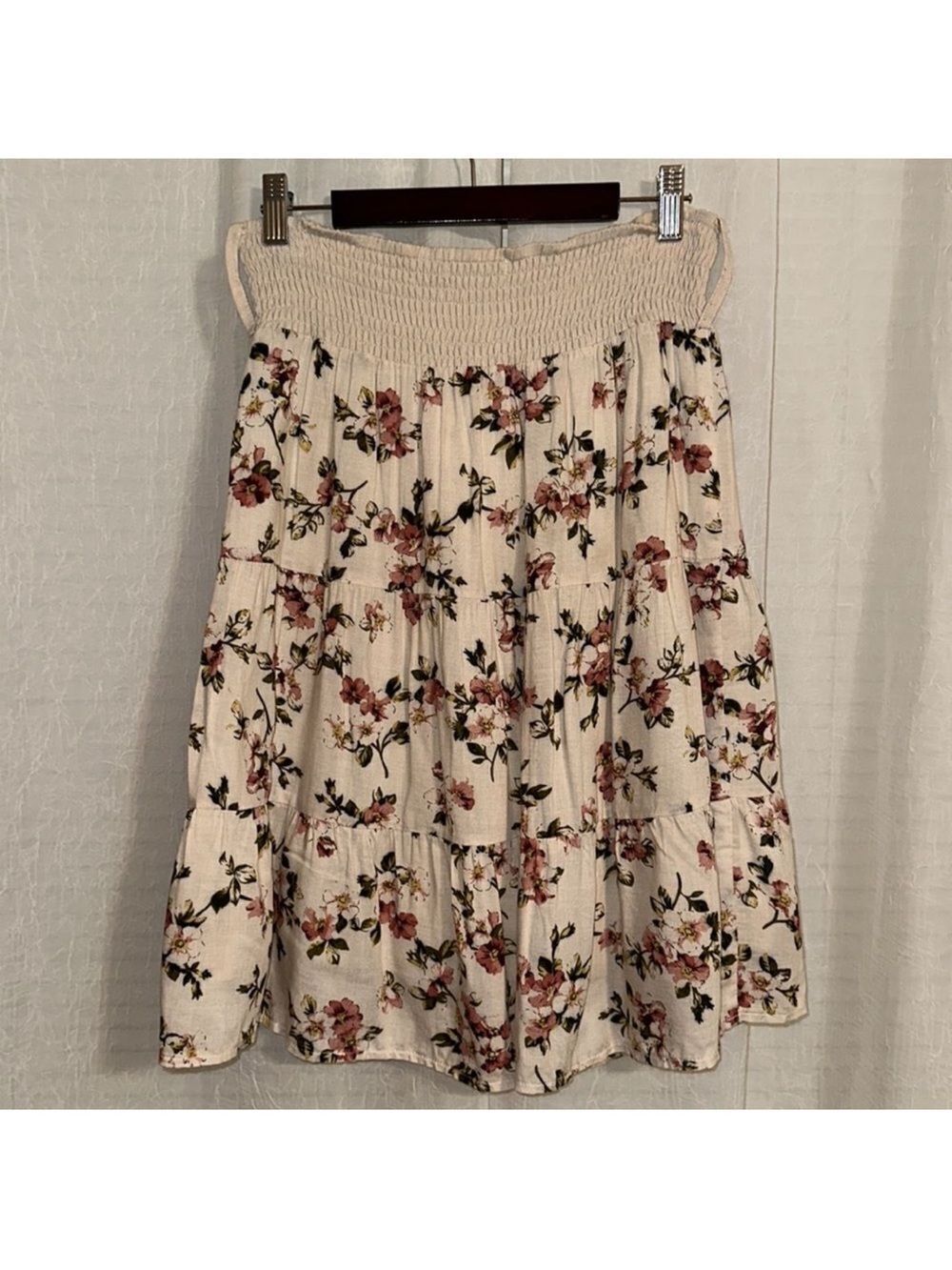 TEMT 6 High Waist Cotton Blend Floral Ivory Pink Green Tiered A Line Skirt
